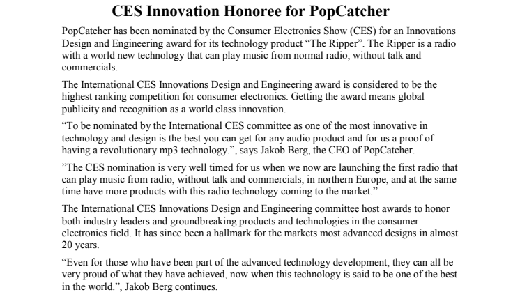 CES Innovation Honoree - PopCatcher one of top products in the world