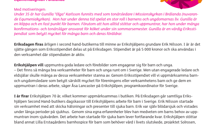Gunilla ”Olga” Karlsson får Eriksstipendiet i Vänersborg