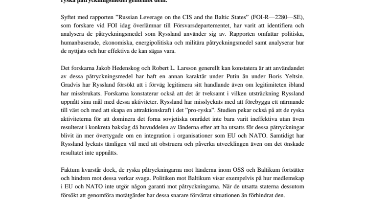 FOI kartlägger ryska påtryckningar mot Baltikum och OSS 
