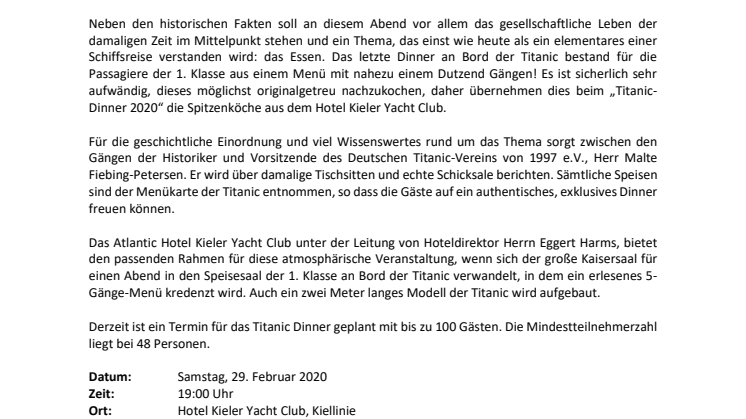 Titanic Dinner gewürzt mit faszinierenden Geschichten und fundiertem Fachwissen rund um den Mythos