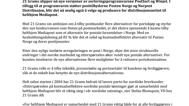 21 Grams utvider tilbudet i Norge med støtte for  helthjem Mediapost