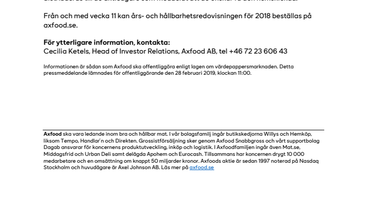 Axfood publicerar års- och hållbarhetsredovisningen för 2018