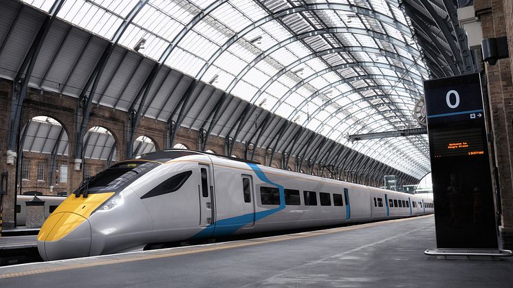 Hitachi intercity train CGI in Kings Cross station. The final train design and branding to be released at a later date. 