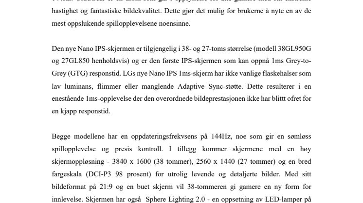 LG lanserer verdens første IPS gamingskjerm med svartid på 1 ms* 