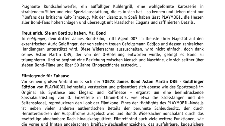 Unterwegs im Dienste Ihrer Majestät: Der James Bond Aston Martin DB5 – Goldfinger Edition von PLAYMOBIL fährt vor