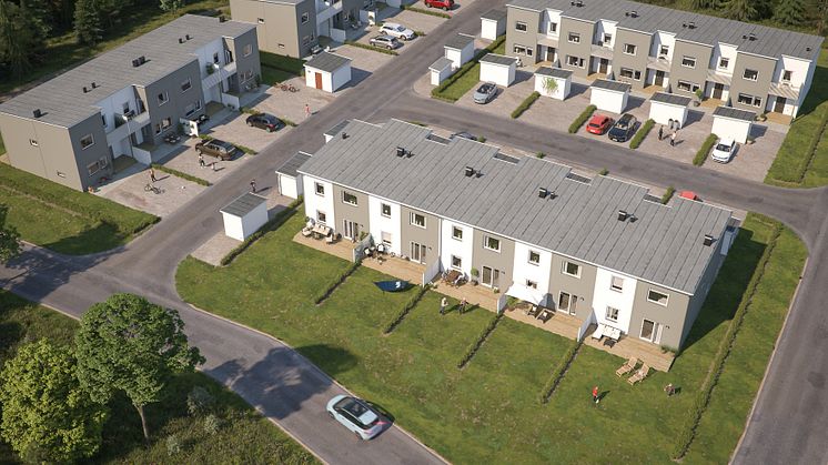 Översiktsillustration av det nya området med radhus, BoKlok Fritiden i Lindbacka. 