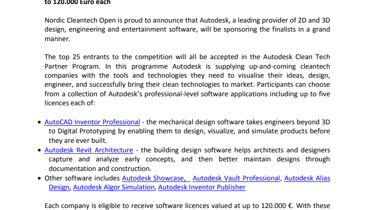 Autodesk sponsors 25 finalists of the Nordic Cleantech Open with software at a value of up to 120.000 Euro each