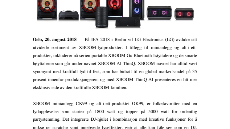 LG PRESENTERER EN UTVIDET XBOOM-FAMILIE  UNDER IFA 2018
