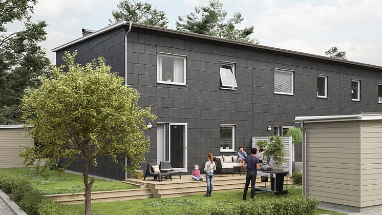 Illustration av gårdssida med uteplats och gräsyta, BoKlok Vikhemsvallen i Staffanstorp. 