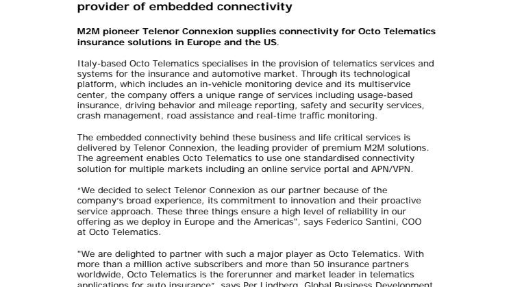 Octo Telematics selects Telenor Connexion as global provider of embedded connectivity