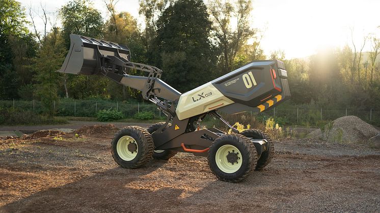Konceptmaskinen Volvo LX03 är en eldriven förarlös hjullastare som utvecklats från en Lego Technicmodell. Bild: Volvo CE