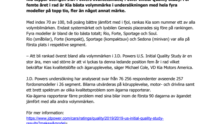 För femte året i rad: Kia etta i J.D. Power 