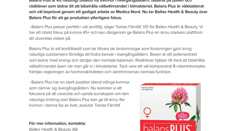 Baltex tar över Balans Plus – kosttillskottet för kvinnor i övergångsåldern.