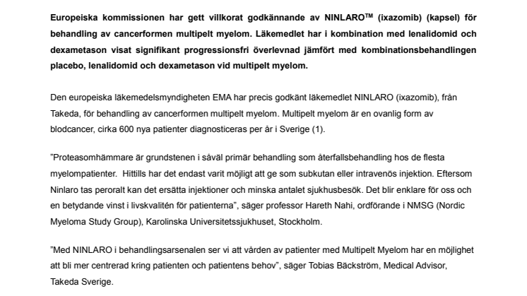EMA godkänner Takedas läkemedel NINLARO för behandling av multipelt myelom