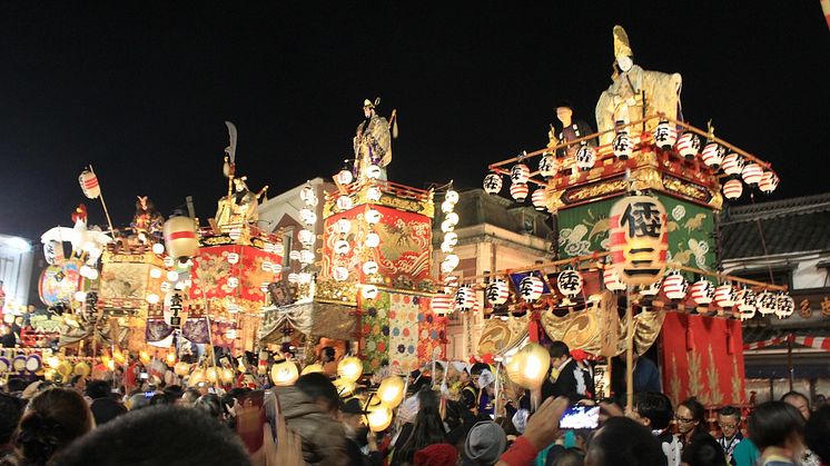 Row of dashi floats during the evening parade
