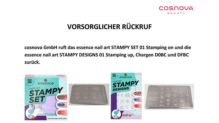 Verbraucherinformation: cosnova GmbH ruft das essence nail art STAMPY SET 01 Stamping on und die essence nail art STAMPY DESIGNS 01 Stamping up, Chargen D0BC und DFBC zurück