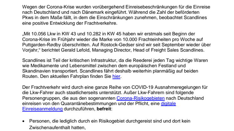 Scandlines fährt weiterhin planmäßig und mit positiver Entwicklung der Frachtverkehre
