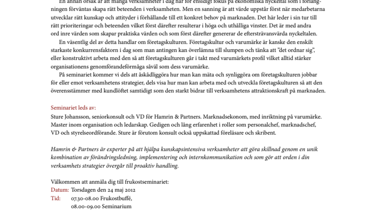 Frukostseminarium: Företagskultur och varumärke - att få chefer och medarbetare att "Walk the talk"