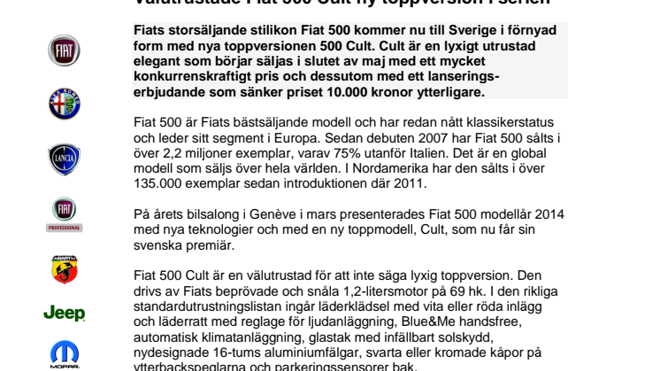 Välutrustade Fiat 500 Cult ny toppversion i serien