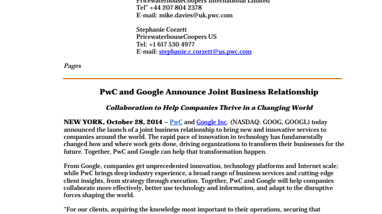 PwC and Google Announce Joint Business Relationship