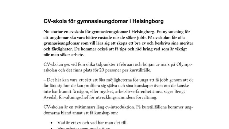 CV-skola för gymnasieungdomar i Helsingborg
