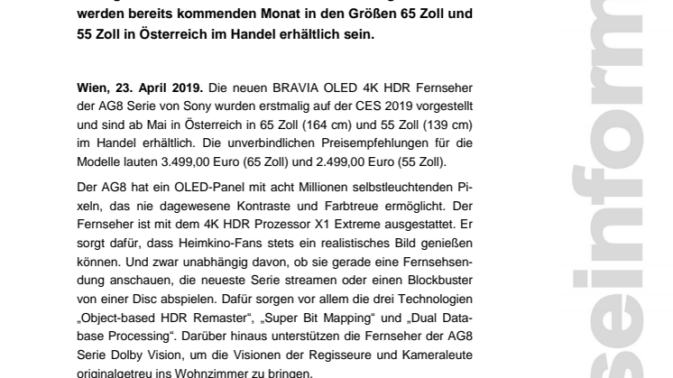AG8-Serie von Sony: Die ersten BRAVIA OLED 4K HDR Fernseher des Jahres 2019 kommen ab Mai in den Handel