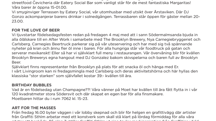 Clarion Hotel Stockholm bjuder in Södermalmsborna till två-dagars födelsedagsfest