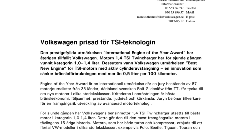 Volkswagen prisad för TSI-teknologin