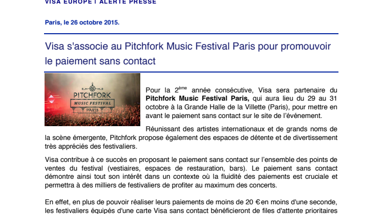 Visa s'associe au Pitchfork Music Festival Paris pour promouvoir le paiement sans contact