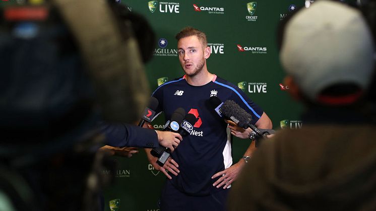 Stuart Broad speakas to media at the England Ashes media, Adelaide Oval. (Photo by Ryan Pierse/Getty Images)