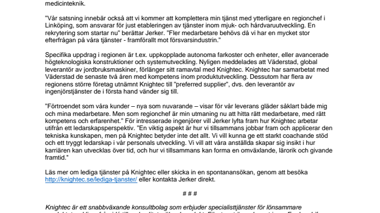 Knightec ökar takten i Östergötland och  söker 32 engagerade konsulter