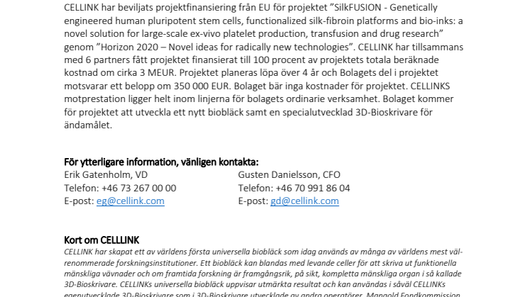 CELLINK beviljat projektfinansiering från Horizon 2020