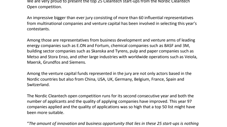 Nordic Cleantech Superstars Selected – The 25 most promising Nordic Cleantech Innovations as voted by international industrials, investors and experts 