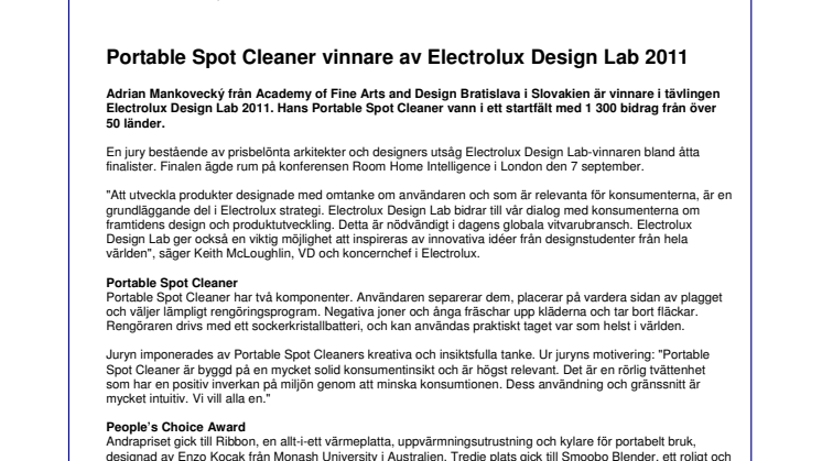 Portable Spot Cleaner vinnare av Electrolux Design Lab 2011