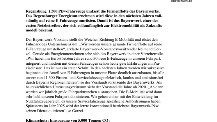 Bayernwerk stellt Firmenflotte auf E-Fahrzeuge um