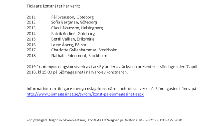 Lars Rylander - Årets menyomslagskonstnär på Sjömagasinet.