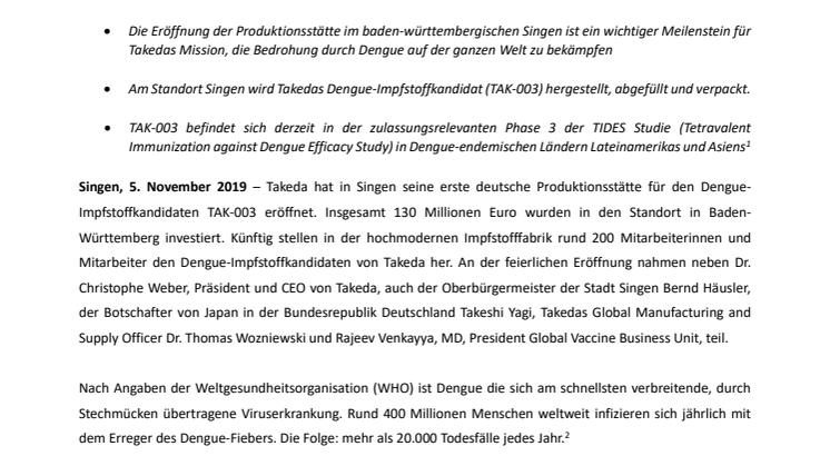 Erste Produktionsstätte von Takeda für Dengue-Impfstoffkandidaten in Deutschland
