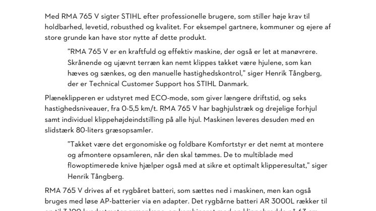 STIHL RMA 765 V – støjsvag og kraftfuld batteriplæneklipper til store græsarealer