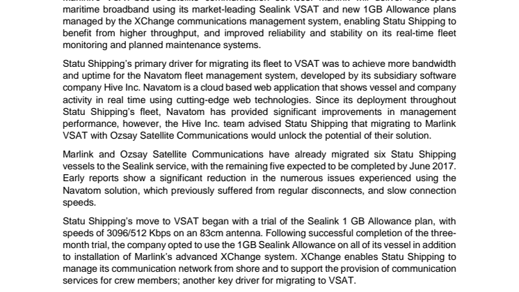 Marlink: Statu Shipping chooses Marlink VSAT to optimise online fleet management service