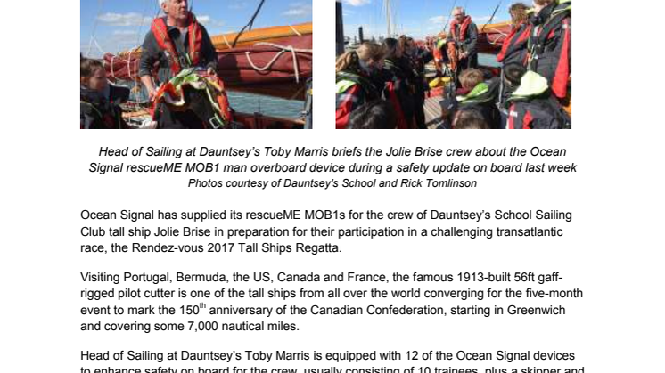 Ocean Signal Supplies Man Overboard Devices for Dauntsey’s School Tall Ship Jolie Brise