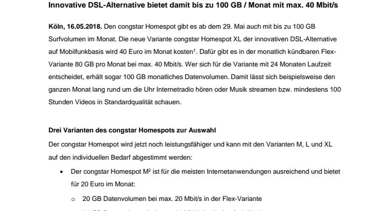 Ab 29. Mai neu bei congstar: Homespot XL mit besonders viel Surfvolumen 