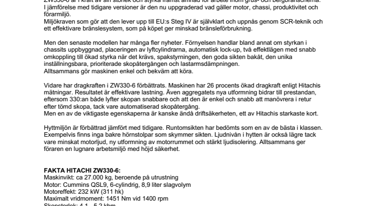 Ökad styrka och modern teknik i nya Hitachi ZW330-6