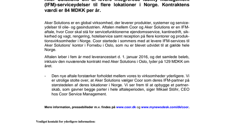 Coor tegner ny aftale med Aker Solutions i Norge