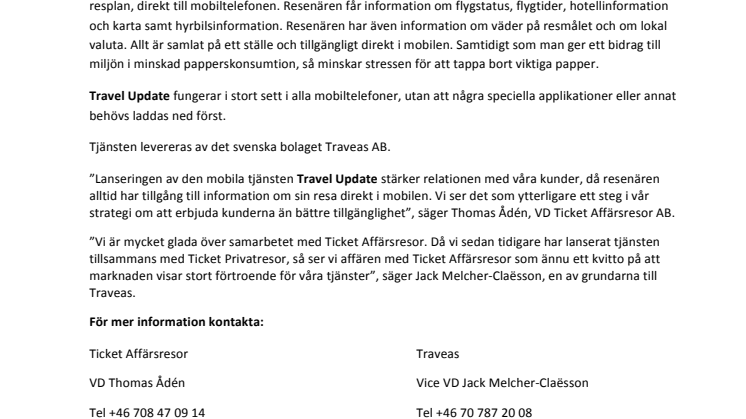 Ticket Affärsresor lanserar ny mobiltjänst   