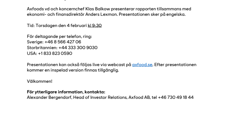 Inbjudan till presentation av Axfoods bokslutskommuniké 2020