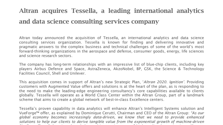 Acquisition - Altran acquires Tessella, a leading international analytics and data science consulting services company