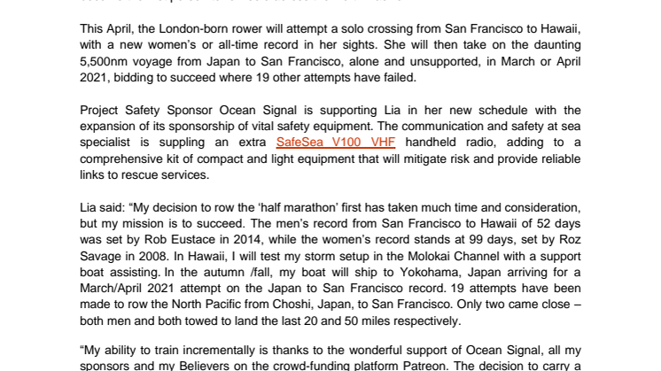 Ocean Signal Expands Sponsorship for Solo Rower Lia Ditton in New Plan to Conquer the North Pacific