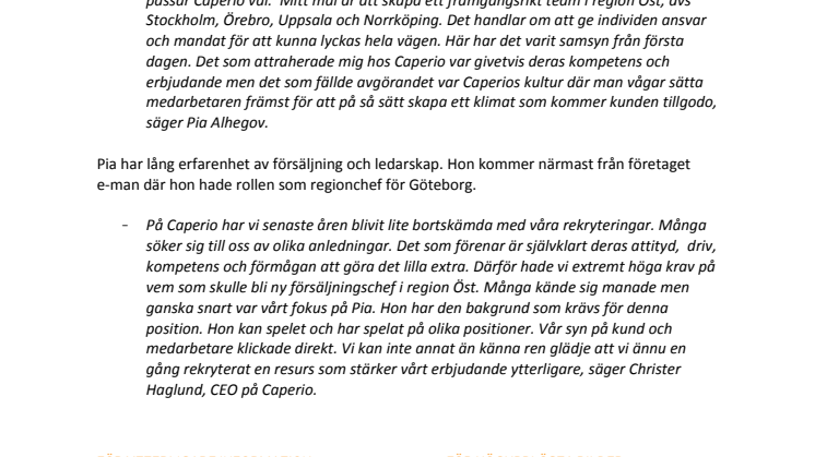 PIA ALGEHOV NY FÖRSÄLJNINGSCHEF PÅ CAPERIO