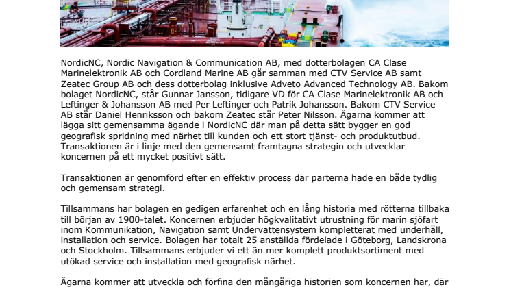 NordicNC (Nordic Navigation & Communication AB) går samman med Zeatec Group AB och CTV Service AB