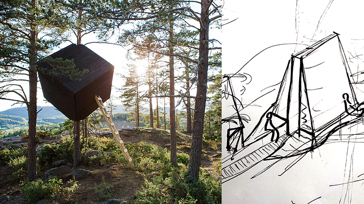 Till vänster: Vindskyddet Treecube som finns på Körningsberget, Höga Kusten, ARKNAT 2018. Till höger: skiss av det nya vindskyddet i Kronoskogen.